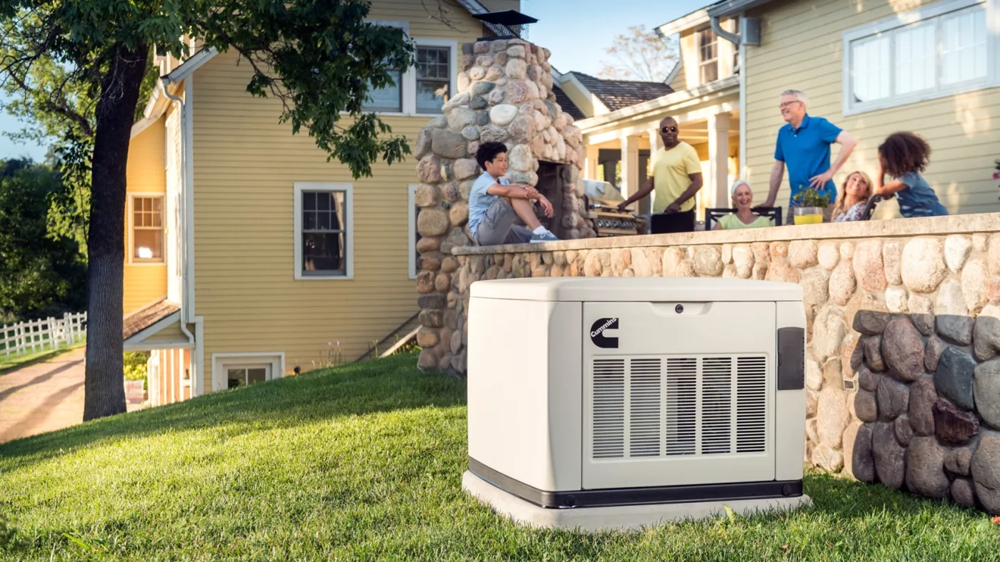 Cummins Quiet Connect home standby generator running quietly beside a family backyard gathering